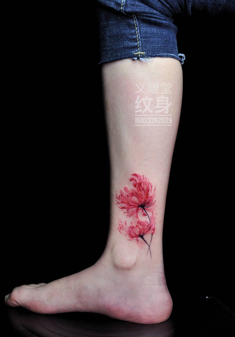 脚踝彼岸花纹身纹身图片_脚部水彩重庆义雕堂刺青纹身图案