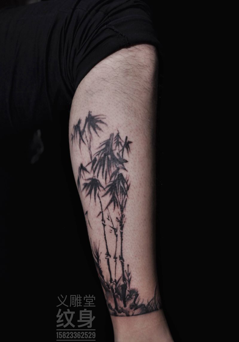 小腿竹子纹身纹身图片_腿部水墨重庆义雕堂刺青纹身图案