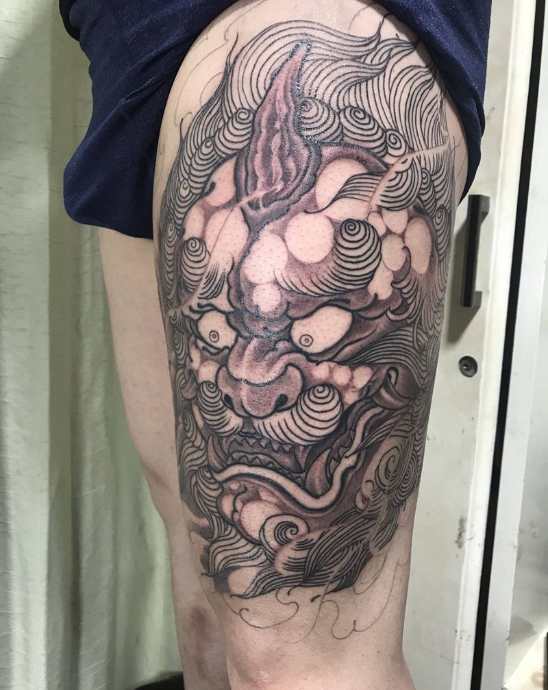 唐狮纹身图片_腿部纹身图案