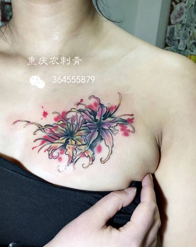 彼岸花遮盖失败纹身纹身图片_成品胸部传统植物纹身图案