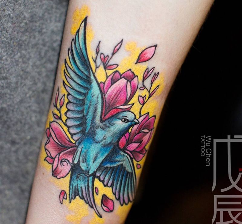 小小鸟纹身图片_成品手部欧美清新小清新彩色水彩欧美彩色刺青纹身图案