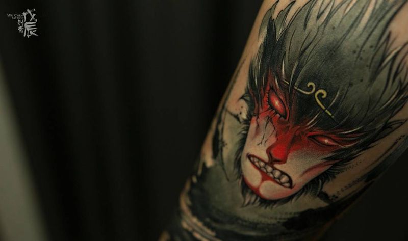 大圣归来纹身图片_成品手臂手部欧美传统鬼神孙悟空美猴王纹身图案