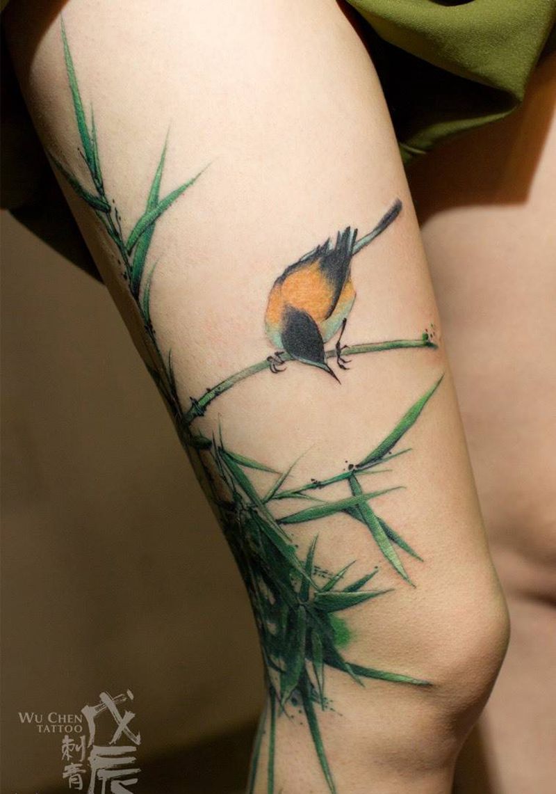 飞鸟与鱼纹身图片_成品腿部清新国画传统植物水彩刺秦水彩彩色水墨纹身图案