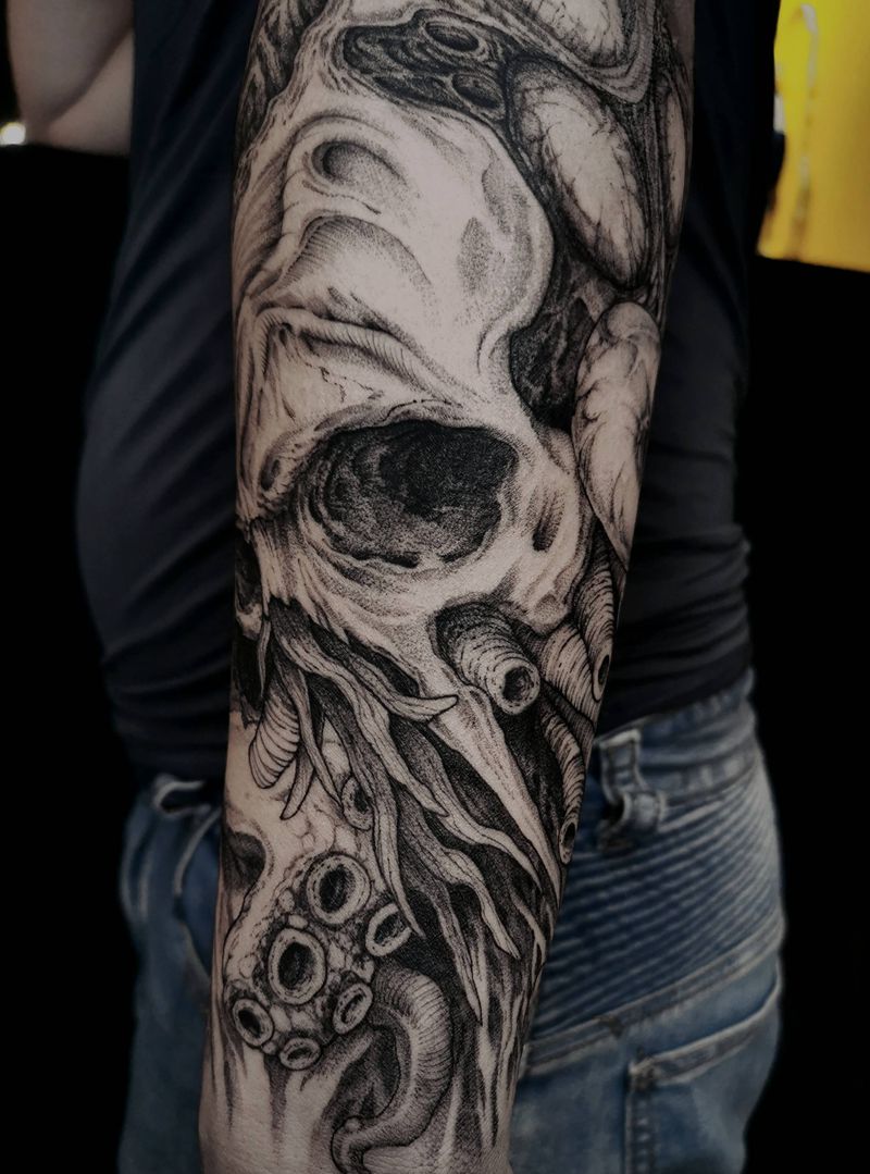 八爪鱼纹身图片_手臂点刺原创章鱼克苏鲁纹身图案