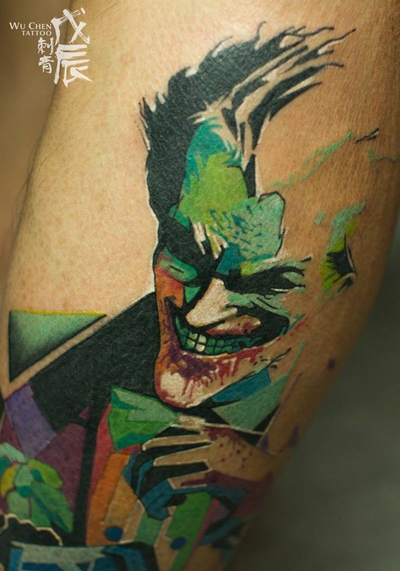小丑Joker纹身图片_成品腿部欧美几何人物水彩刺秦彩色彩色刺青小丑小丑纹身图案