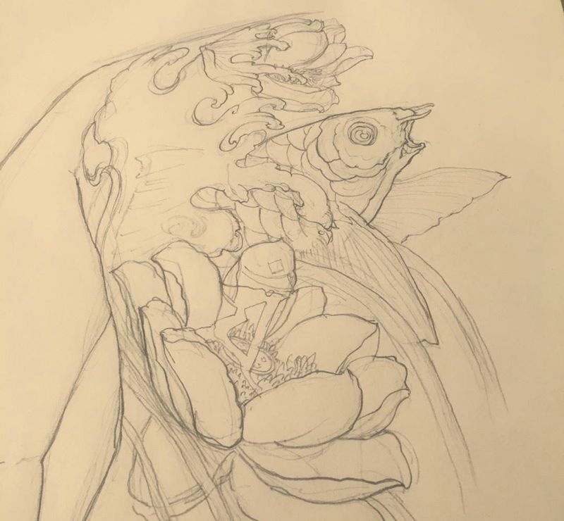 临摹纹身图片_手稿背部传统动物植物纹身图案