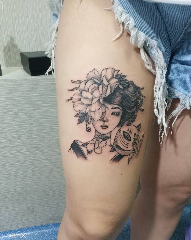 艺妓纹身图片_腿部纹身图案