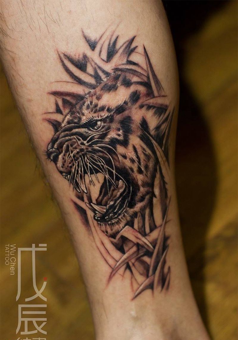 心有猛虎纹身图片_欧美腿部动物成品老虎刺青重庆刺青素描刺青老虎纹身图案
