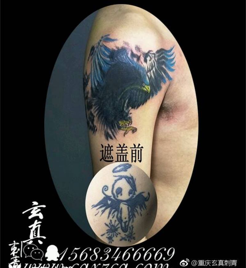 老鹰遮盖纹身图片_手臂欧美动物成品纹身图案