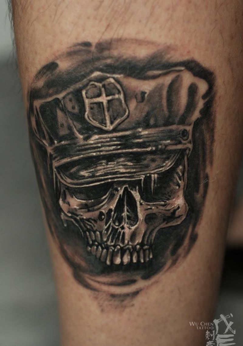骷髅将军纹身图片_成品腿部欧美写实骷髅骷髅欧美刺青素描刺青遮盖纹身图案