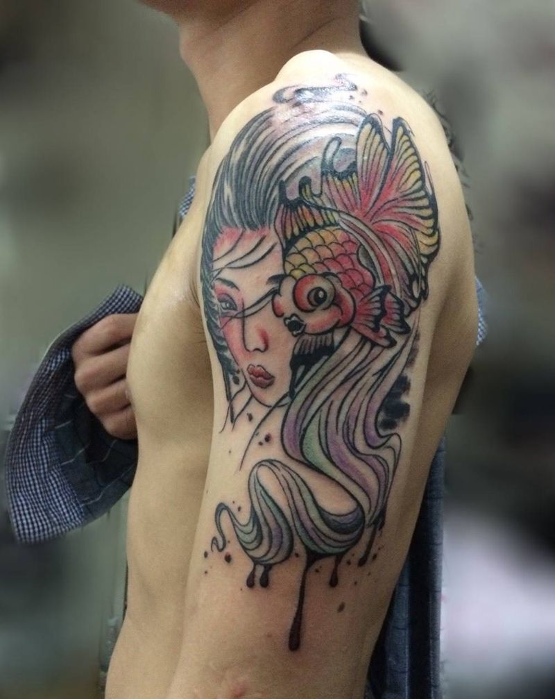 艺妓纹身图片_手臂背部腿部成品欧美传统清新肖像人物纹身图案