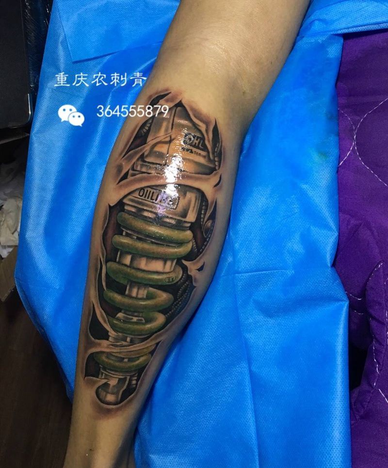机械腿纹身图片_腿部脚部写实几何纹身图案