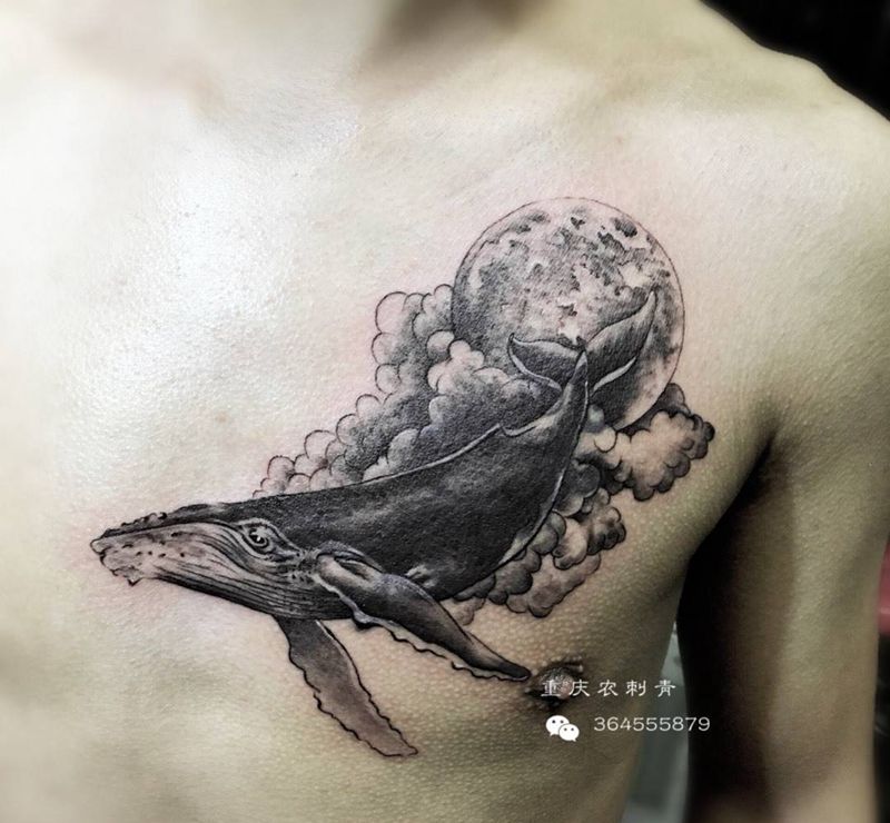 鲸遮盖图腾纹身图片_胸部肩部Old SchoolNew School鲸纹身图案