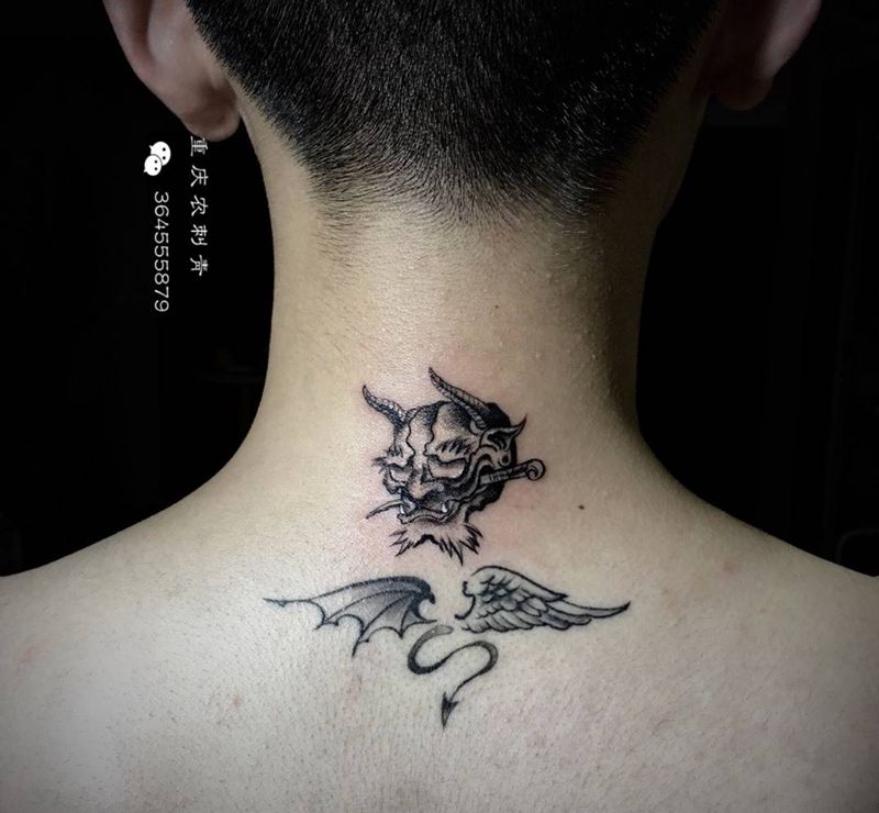 超级迷你小般若纹身图片_颈部背部新传统般若纹身图案