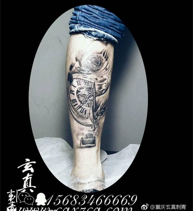 小腿时钟纹身图片