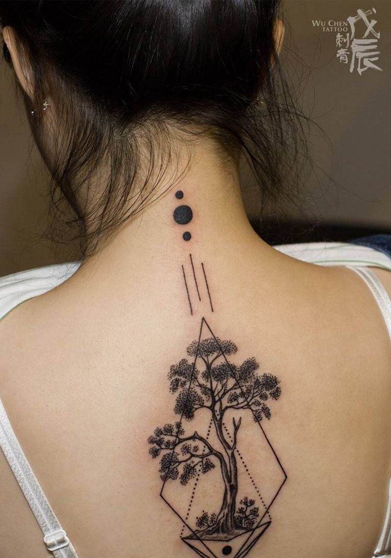 生命之树纹身图片_成品背部清新几何植物小清新素描刺青点刺几何设计纹身图案