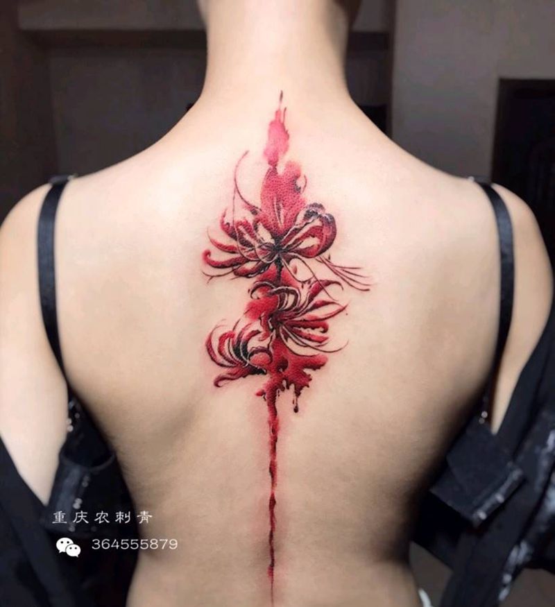 彼岸花纹身图片_背部水彩水墨水墨鹤纹身图案