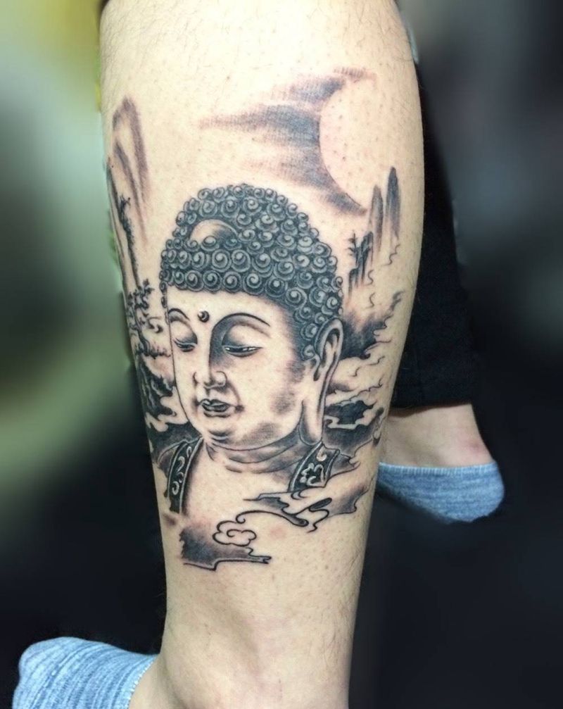 佛像纹身图片_腿部传统人物手臂纹身图案