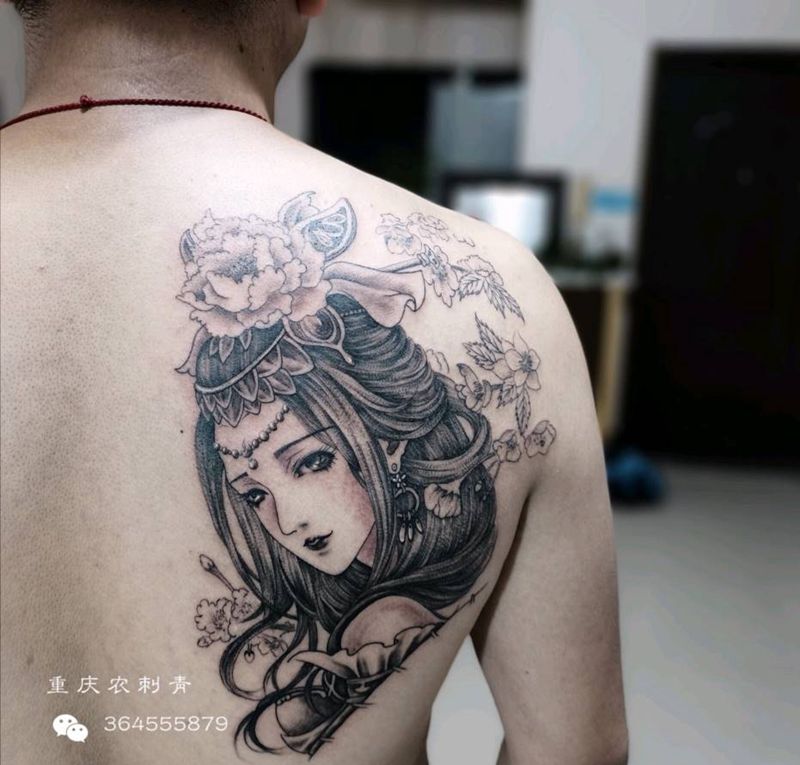 艺妓纹身图片_背部肩部新传统人物艺妓纹身图案