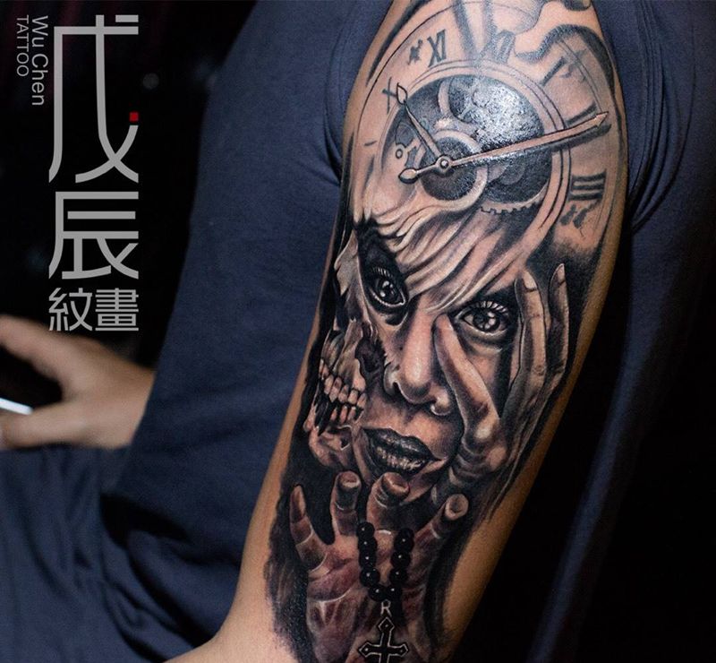 幻灭纹身图片_成品手臂欧美写实人物素描素描刺青欧美刺青设计纹身图案