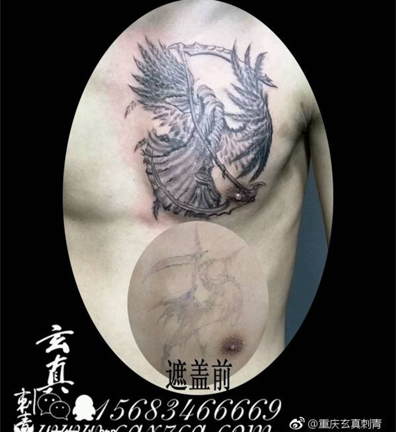 死神遮盖纹身图片_胸部欧美鬼神成品纹身图案