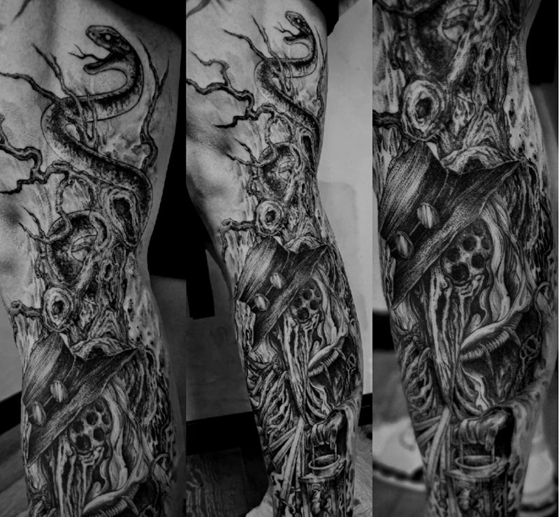 瘟疫医生纹身图片_腿部点刺原创瘟疫医生暗黑纹身图案