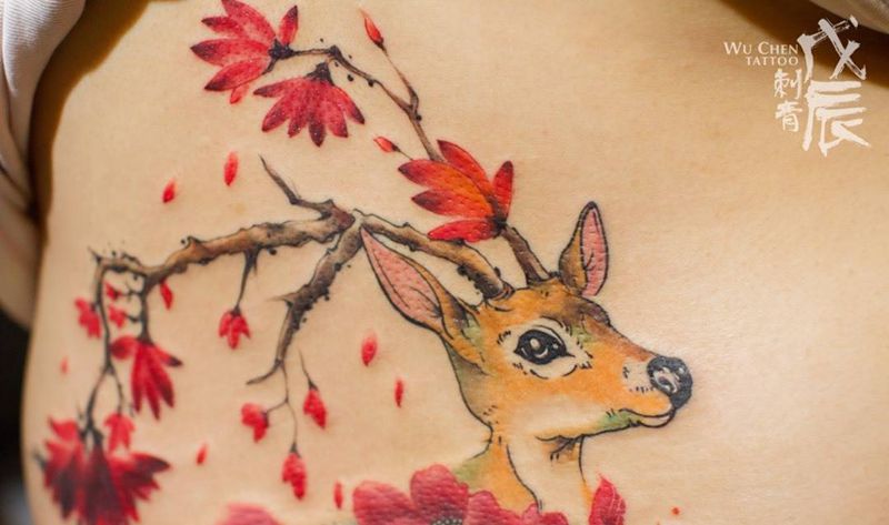 腰部遮盖作品纹身图片_成品腰部清新欧美动物水彩刺秦彩色水彩彩色刺青鹿纹身图案