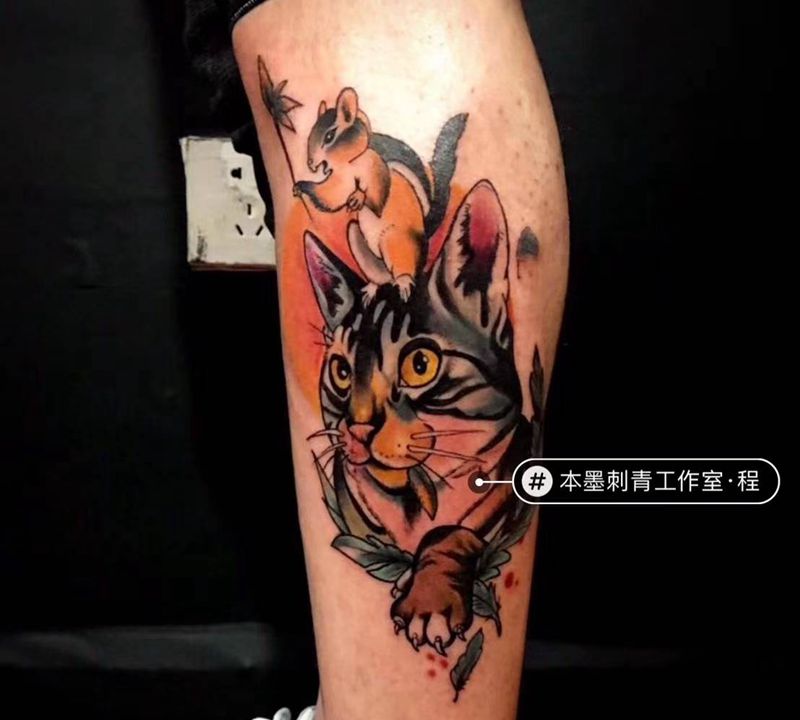 New school纹身图片_腿部New School水彩猫动物纹身图案