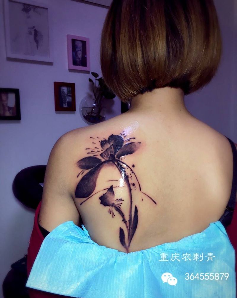 盖图纹身图片_国画背部植物静物纹身图案