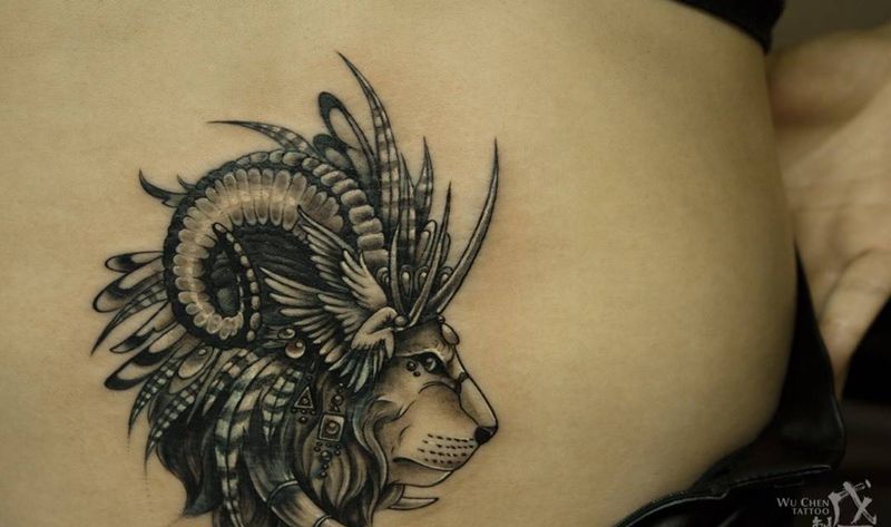 狮子头纹身图片_成品腰部欧美动物狮子纹身图案