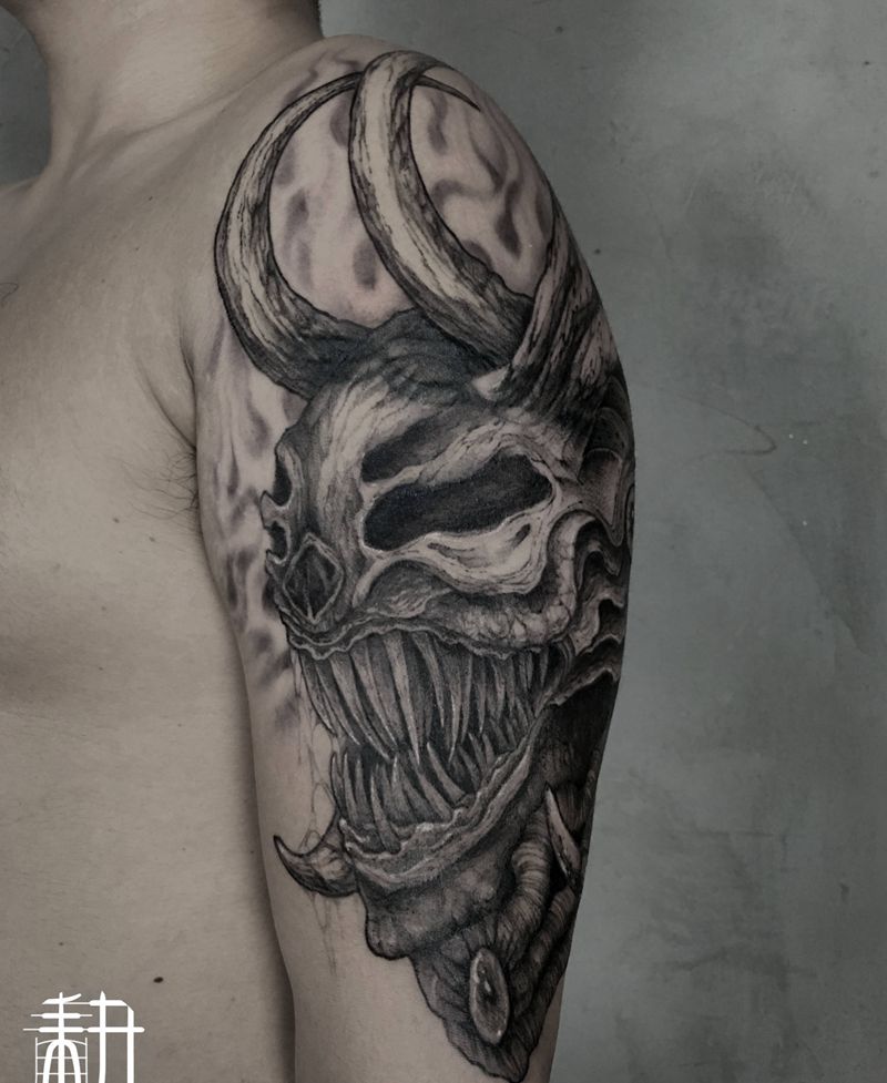 饕餮纹身图片_手臂点刺原创饕餮暗黑纹身图案