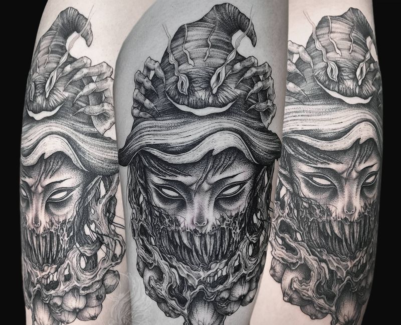 女巫纹身图片_腿部点刺原创女暗黑纹身图案