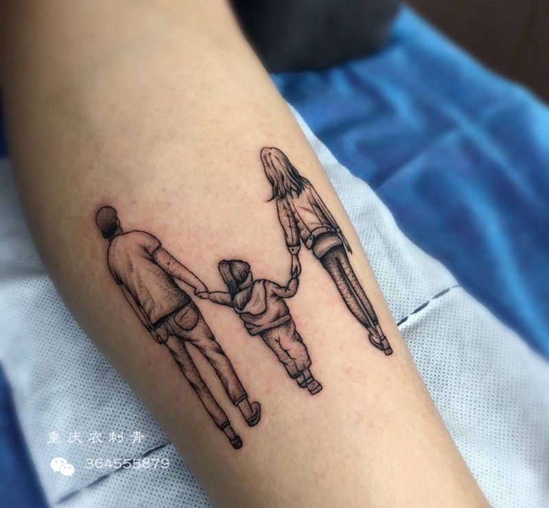 亲子,一家三口纹身图片_腿部手臂点刺几何纹身图案