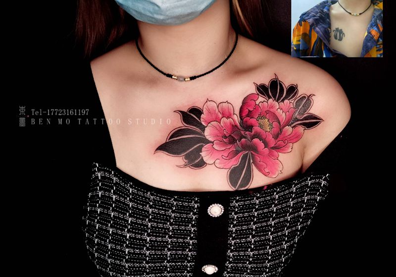 牡丹遮盖纹身图片_新传统水彩纹身图案