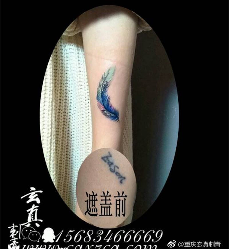 羽毛遮盖纹身图片_手部欧美清新成品纹身图案