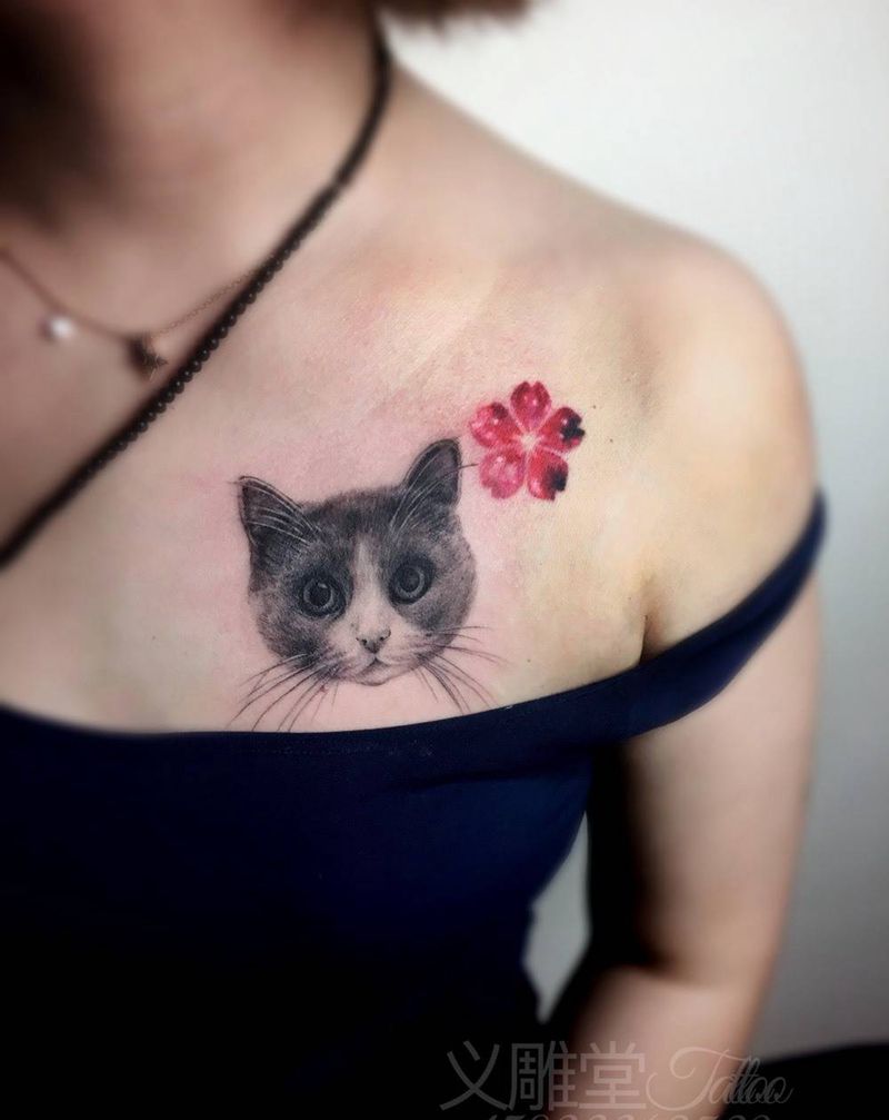 猫咪纹身纹身图片_胸部欧美写实重庆义雕堂刺青纹身图案