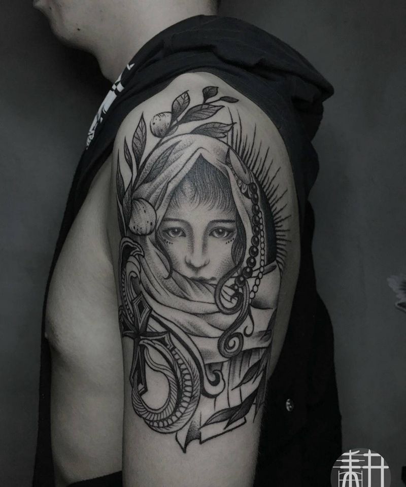 女友肖像纹身图片_手臂点刺New School肖像原创纹身图案