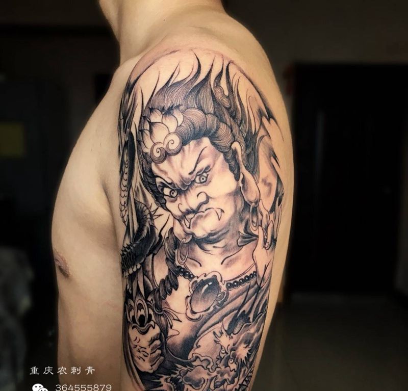 不动明王纹身图片_手部手臂新传统不动明王人物纹身图案