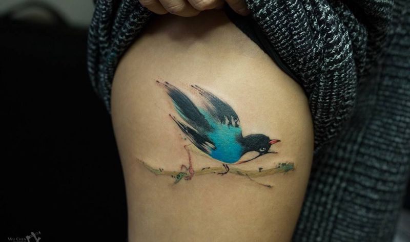 雀雀纹身图片_成品腿部脚部传统国画动物小清新水彩刺秦水墨日式纹身图案