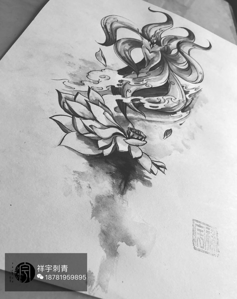 九尾纹身图片_手稿背部传统原创鬼神纹身图案