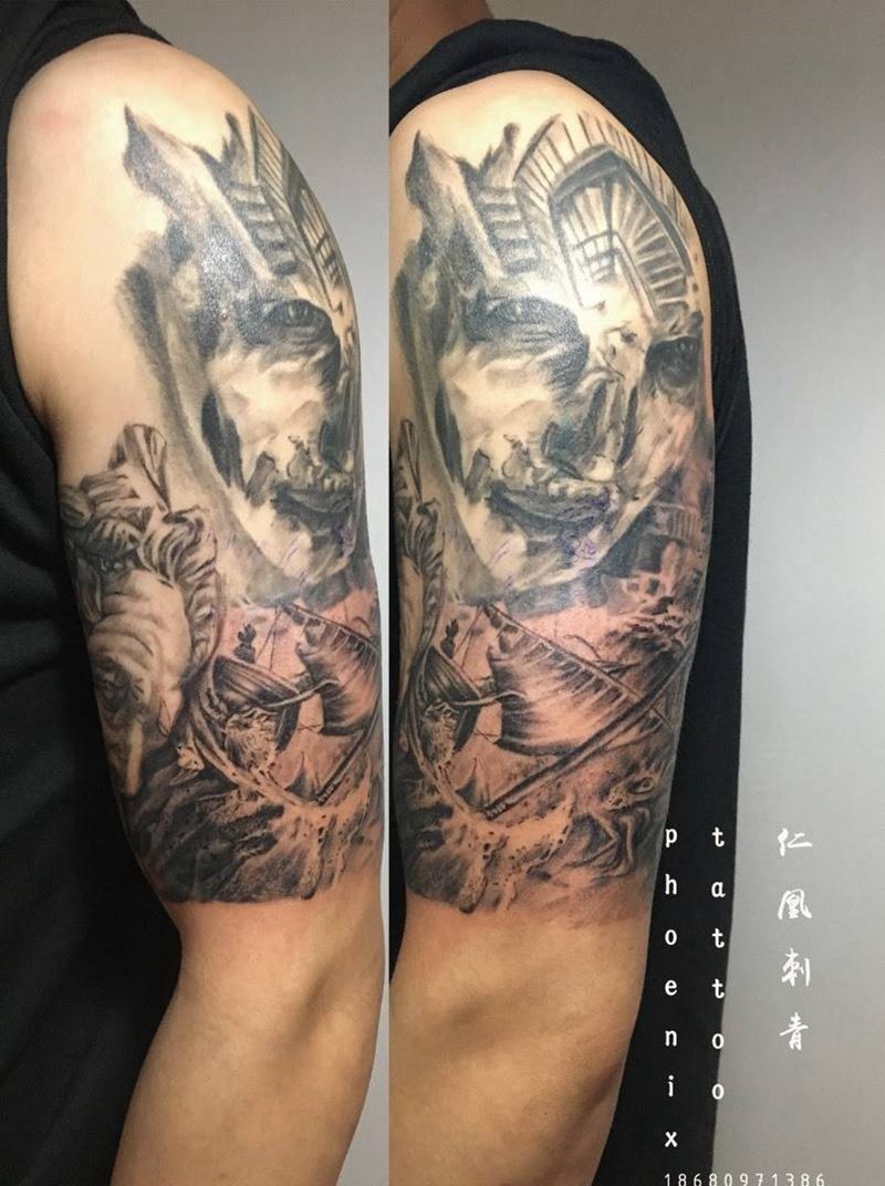 大臂纹身图片_成品手臂写实欧美人物纹身图案