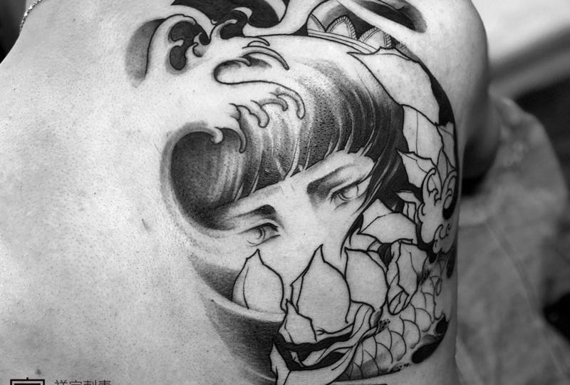 红莲劫纹身图片_成品背部传统原创鬼神纹身图案