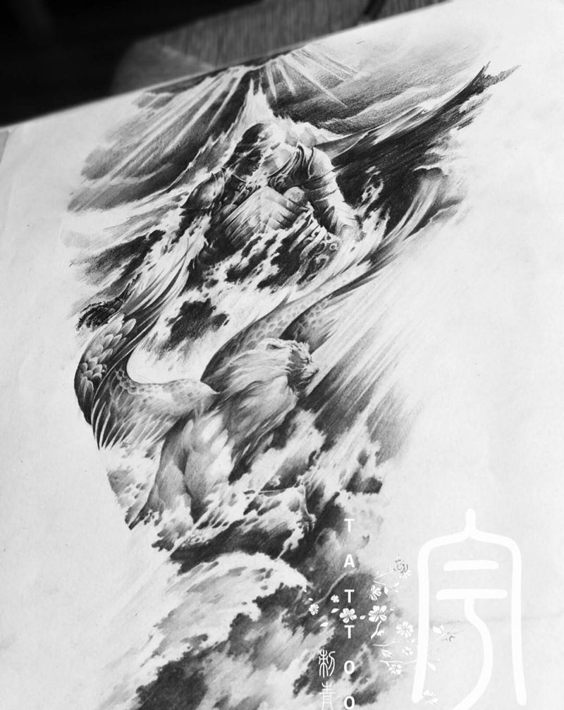 手稿定制纹身图片_手稿手臂欧美写实原创人物鬼神纹身图案