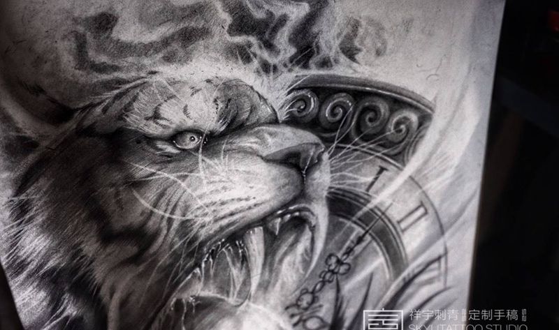 定制纹身图片_手臂欧美写实老虎骷髅纹身图案
