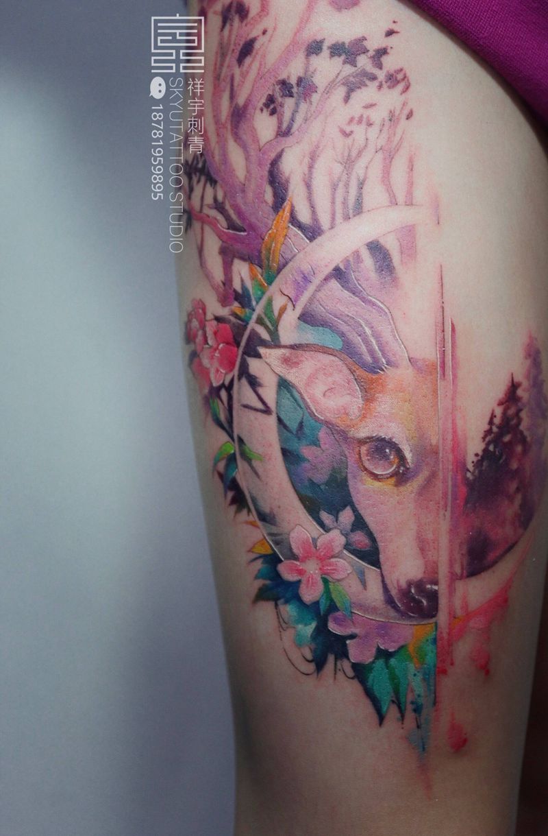 麋鹿森林纹身图片_腿部水彩纹身图案