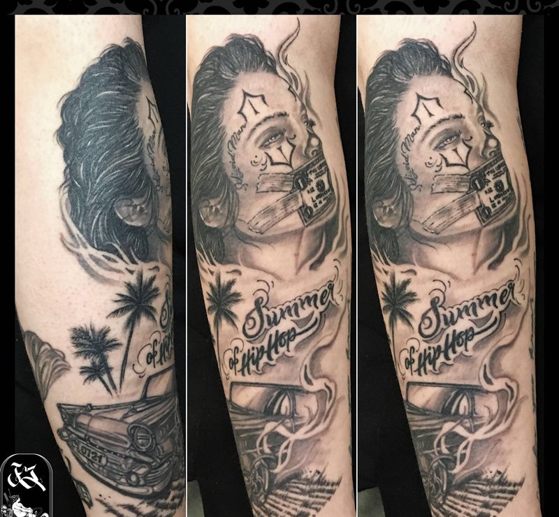 slave of money纹身图片_手臂欧美写实西海岸匪帮奇卡诺纹身图案