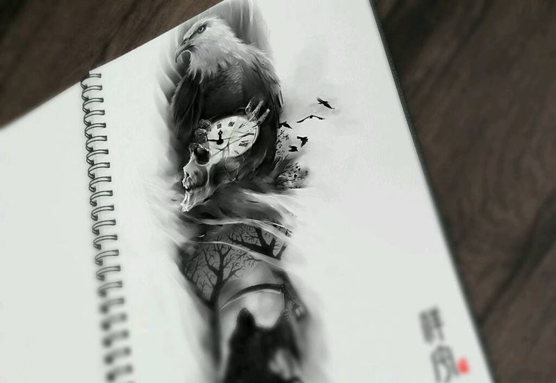 定制写实魔幻花臂手稿设计纹身图片_手臂写实鬼神原创手稿纹身图案