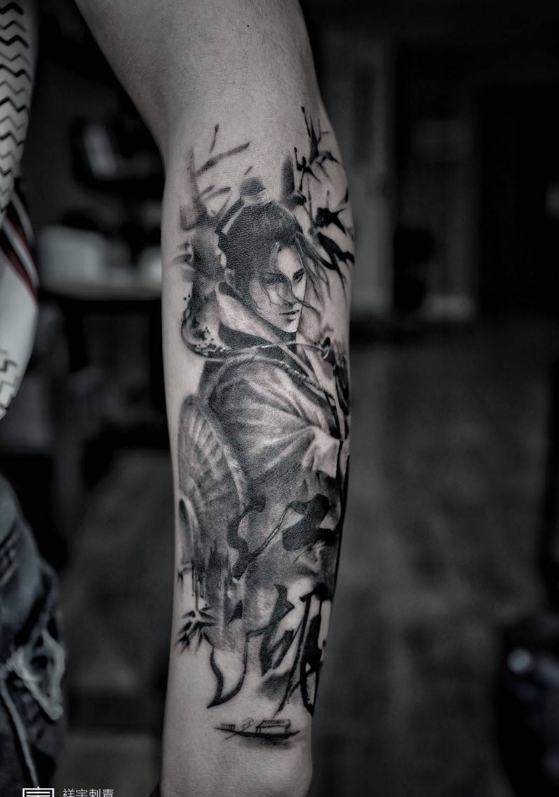 江湖•侠客行纹身图片_成品手臂传统原创人物纹身图案
