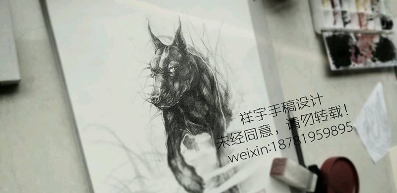 杜宾手稿纹身图片_肩部写实动物原创手稿纹身图案