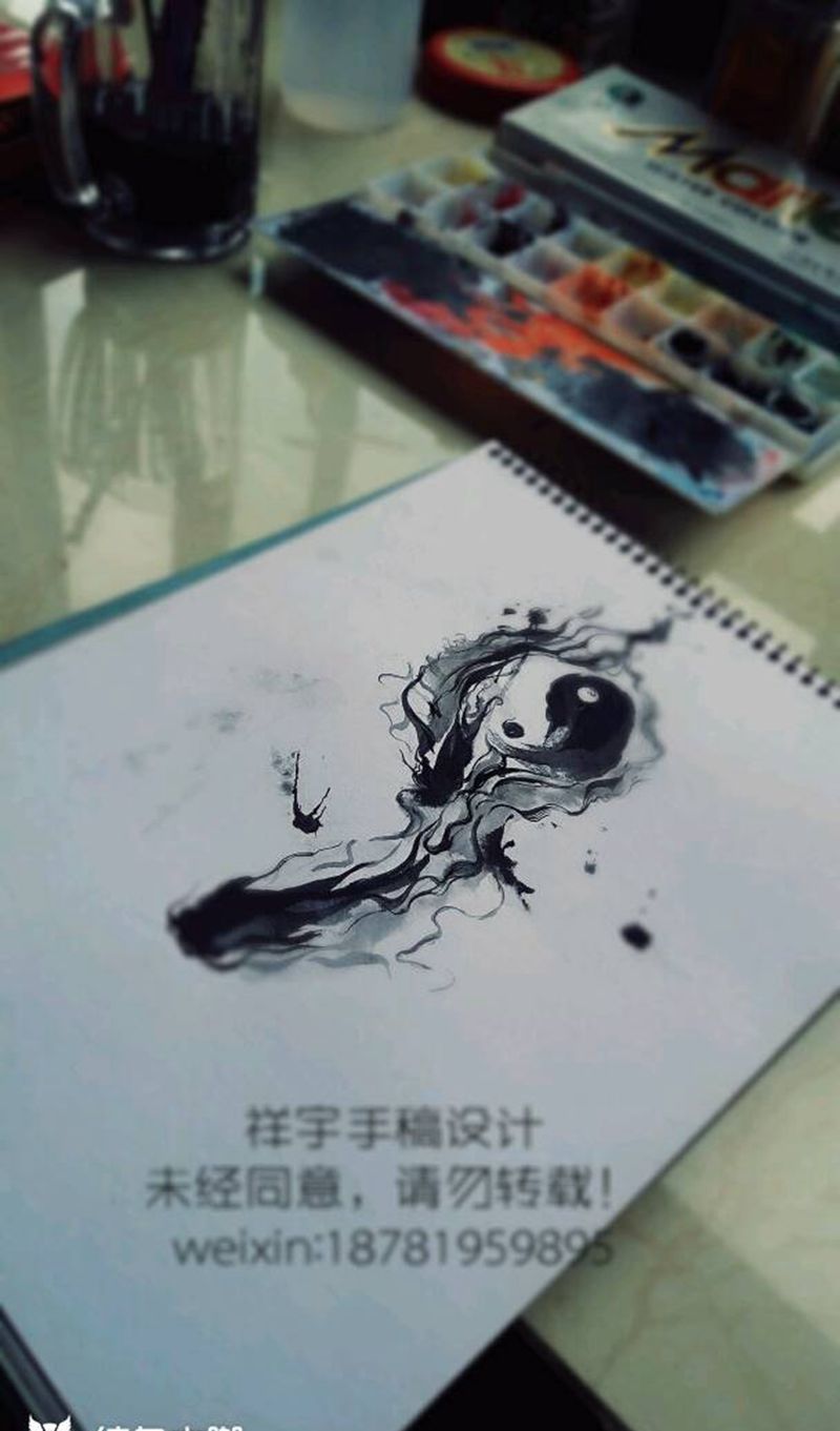 水墨太极鱼纹身图片_背部国画动物原创手稿纹身图案